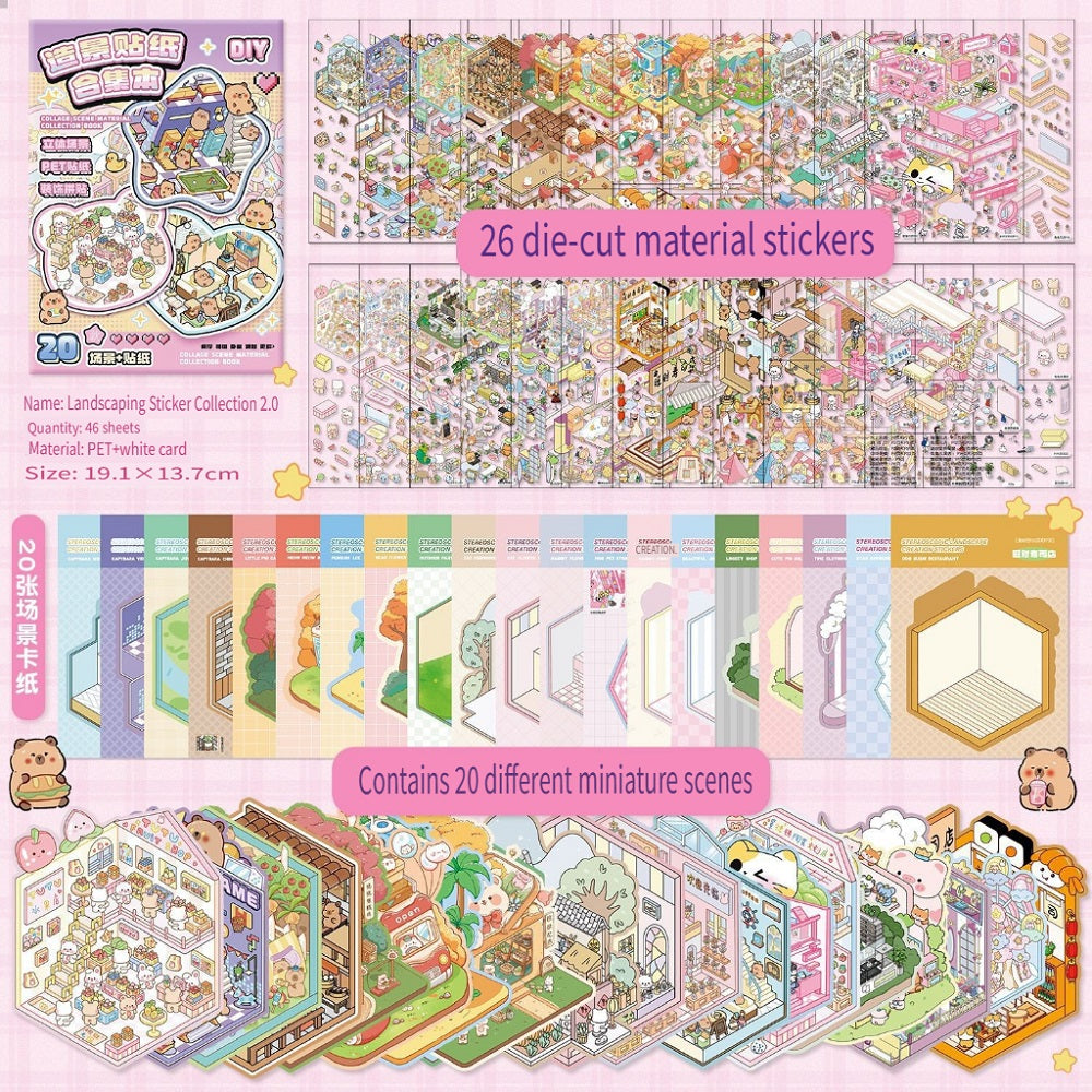 ERANC Collection of 3D three-dimensional hut miniature scene landscaping stickers, children's diy hand account educational toy stickers, 20 scenes