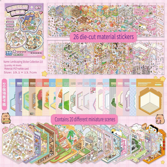 ERANC Collection of 3D three-dimensional hut miniature scene landscaping stickers, children's diy hand account educational toy stickers, 20 scenes