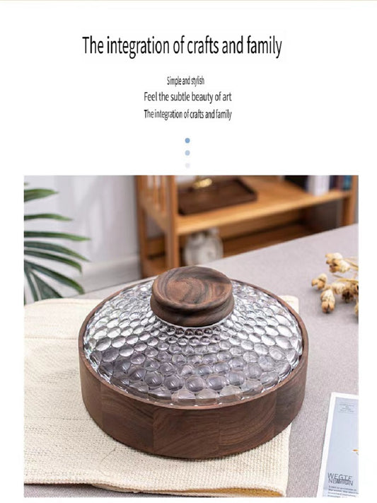 MYZD Black walnut dried fruit storage box, 4 compartments with crystal lid