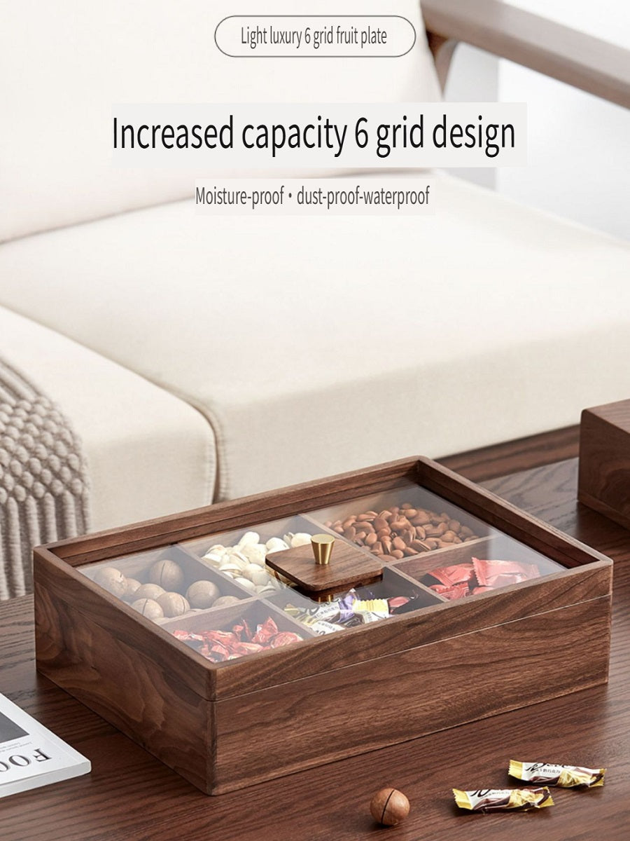 MYZD Black walnut six-compartment double-layer dried fruit box with transparent acrylic lid, sealed against moisture and dust