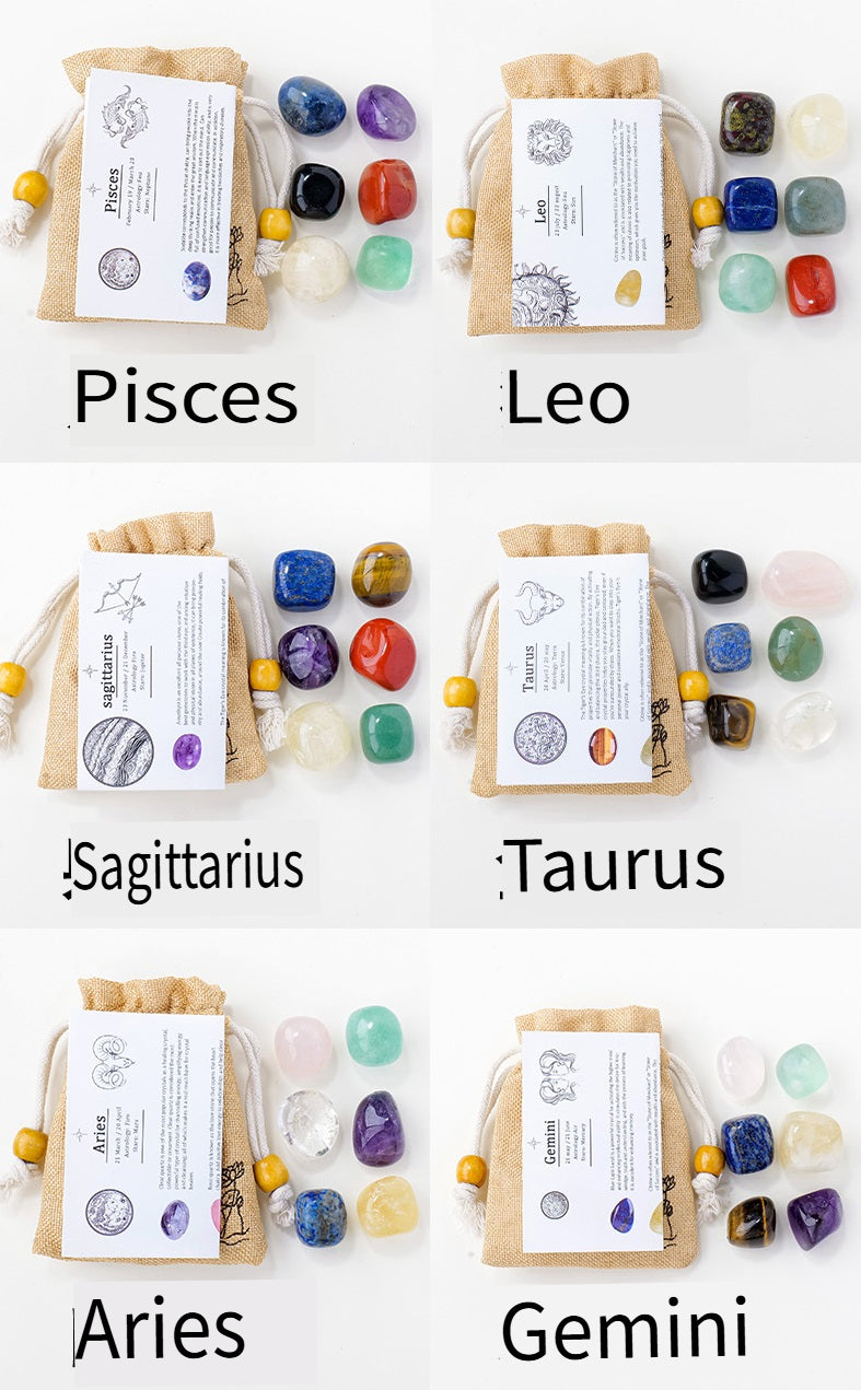 RYS Natural crystal cloth bag with rough stone, set of twelve constellations, handmade ore sample, gift for children