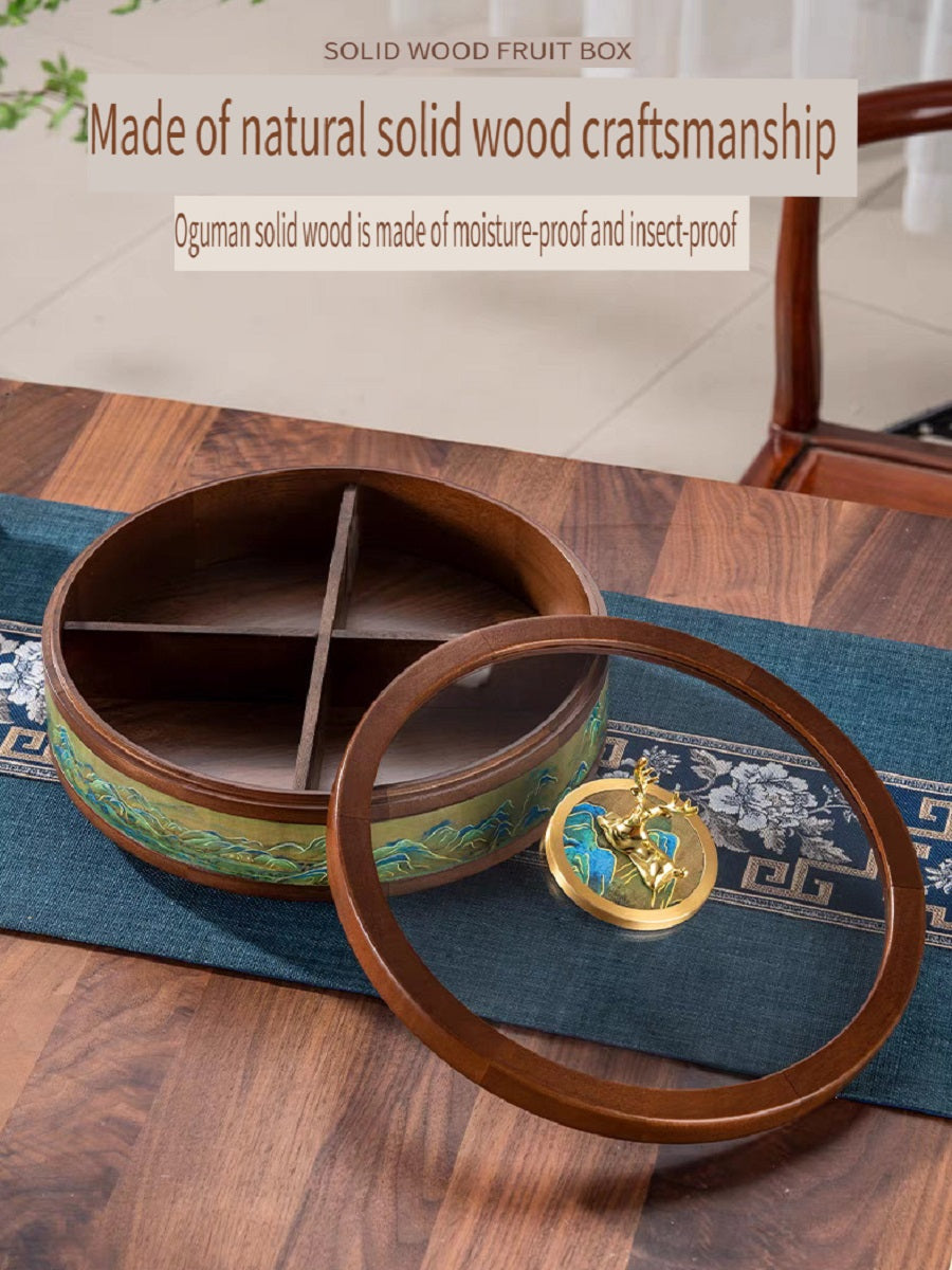 MYZD New Chinese style round dried fruit box, 360 degree rotating, made of African Okoume wood