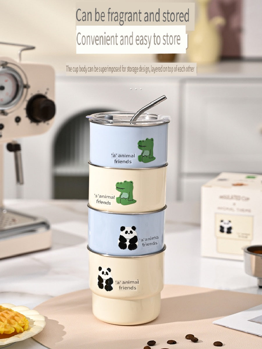 HGD 304 stainless steel coffee cup, cartoon pattern, with straw