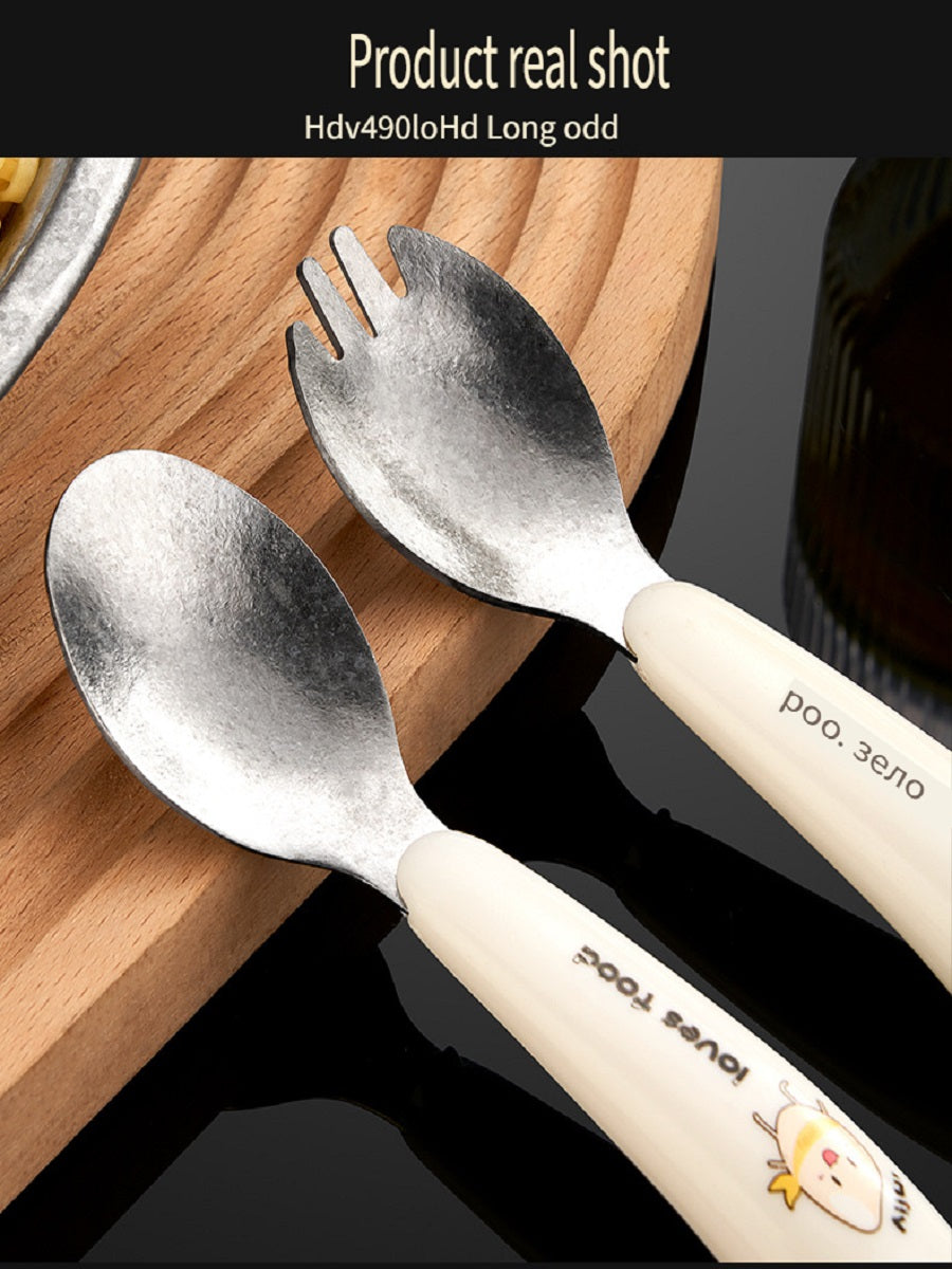HOMGED Pure titanium children's spoon and fork tableware set, High temperature resistance and corrosion resistance, can be placed flat，suitable for eating training