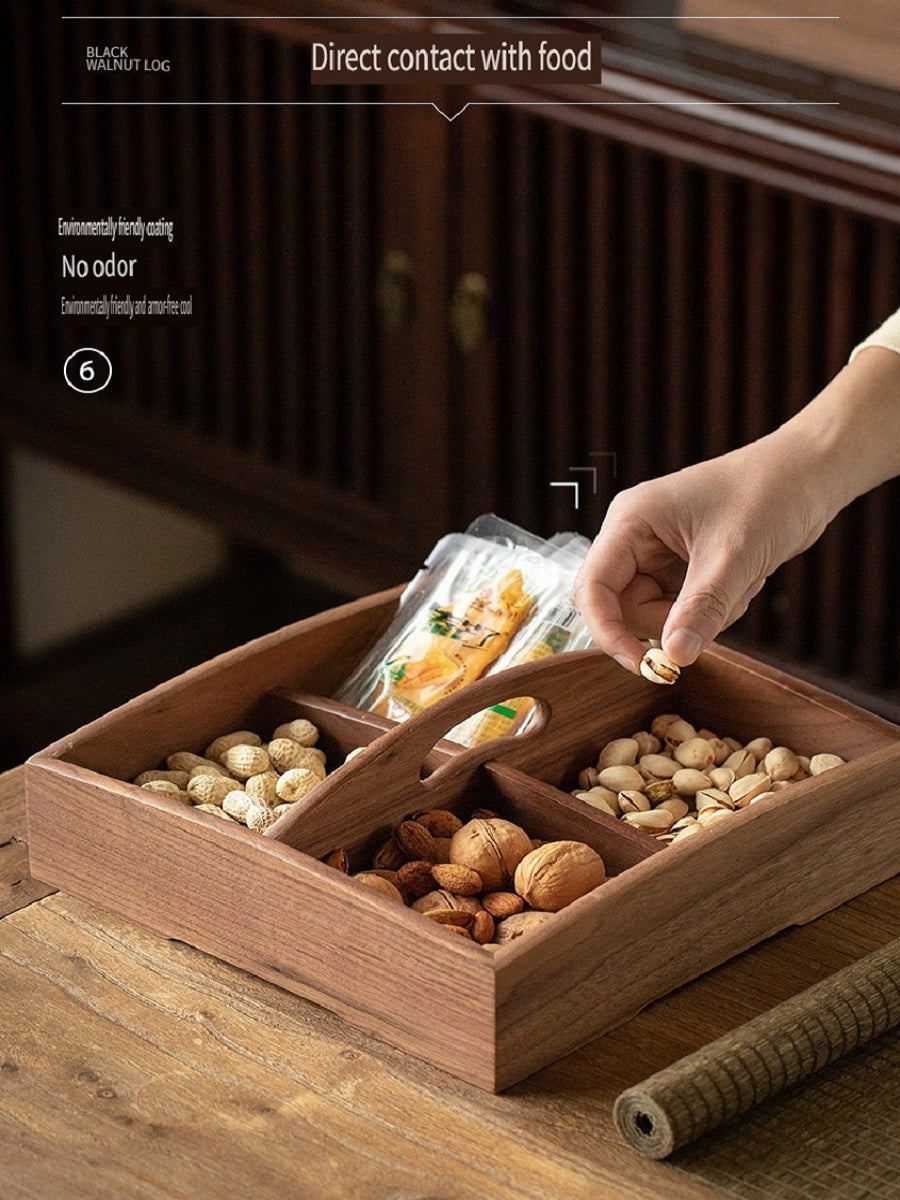 MYZD Black walnut 4-compartment dried fruit box, retro, simple, moisture-proof