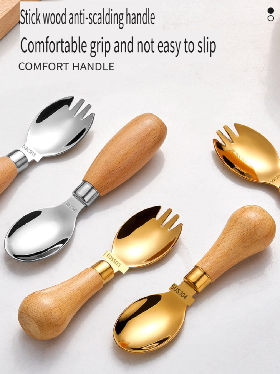 HOMGED 304 stainless steel beech handle children's spoon and fork set, original steel color and gold，can stand upright