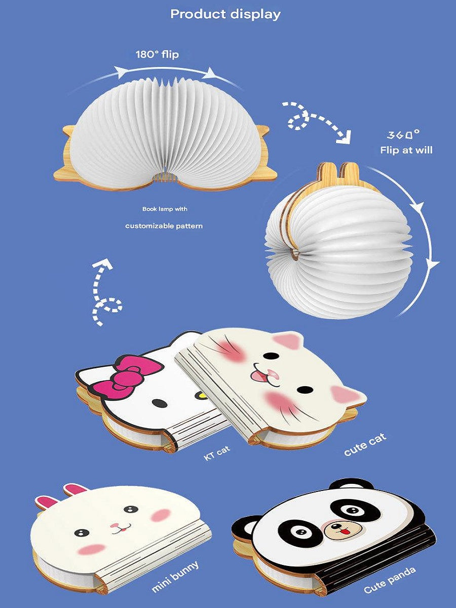 OBB Wooden cartoon folding book lamp, children's cultural and creative gift, colorful LED rechargeable night light