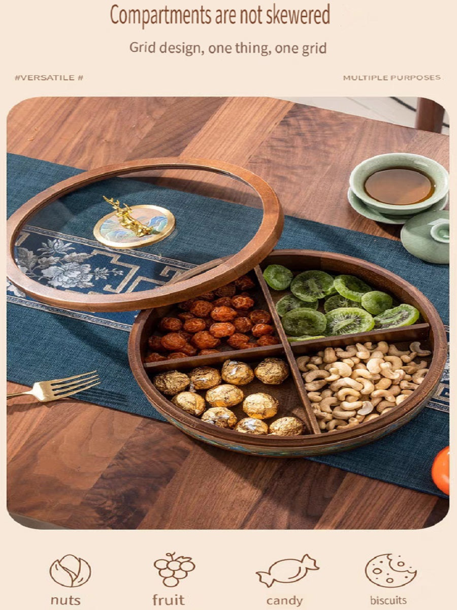 MYZD New Chinese style round dried fruit box, 360 degree rotating, made of African Okoume wood