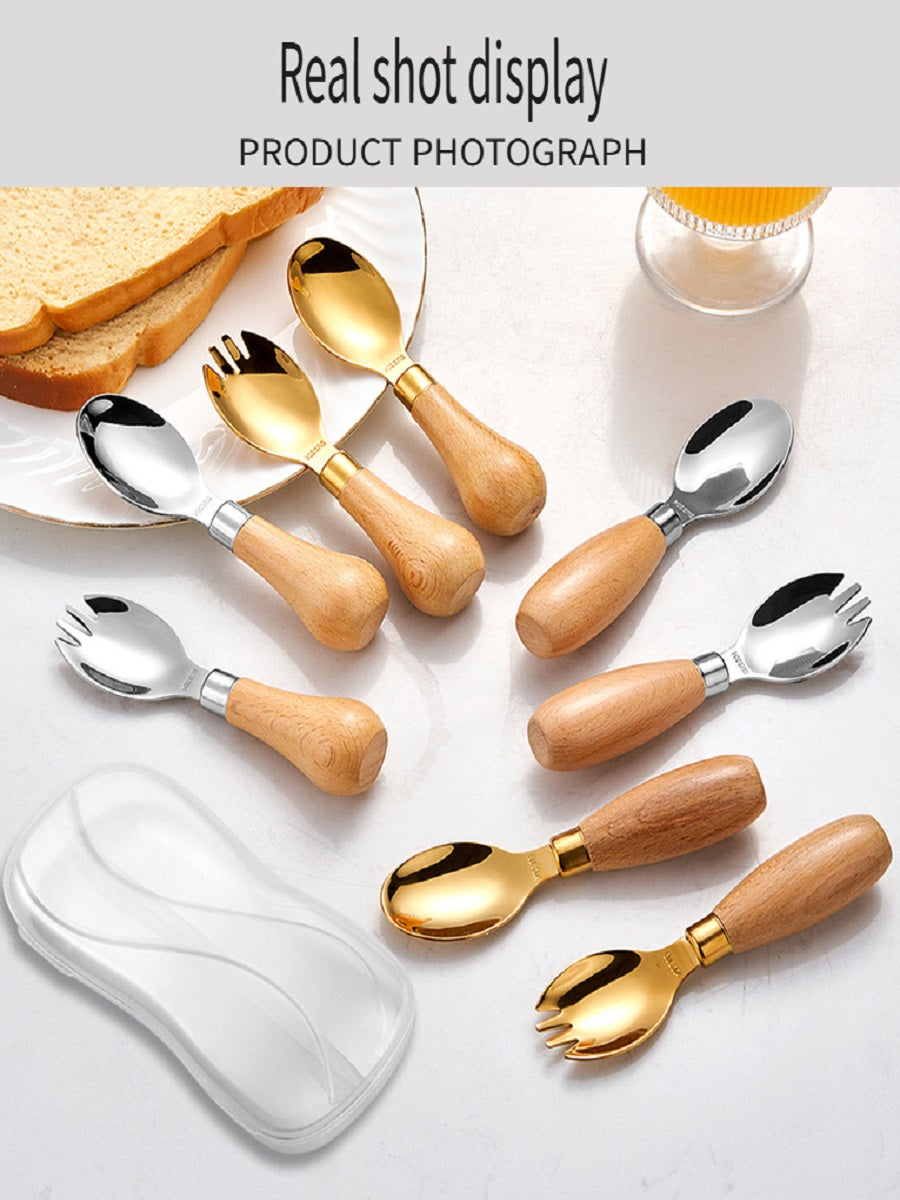 HOMGED 304 stainless steel beech handle children's spoon and fork set, original steel color and gold，can stand upright