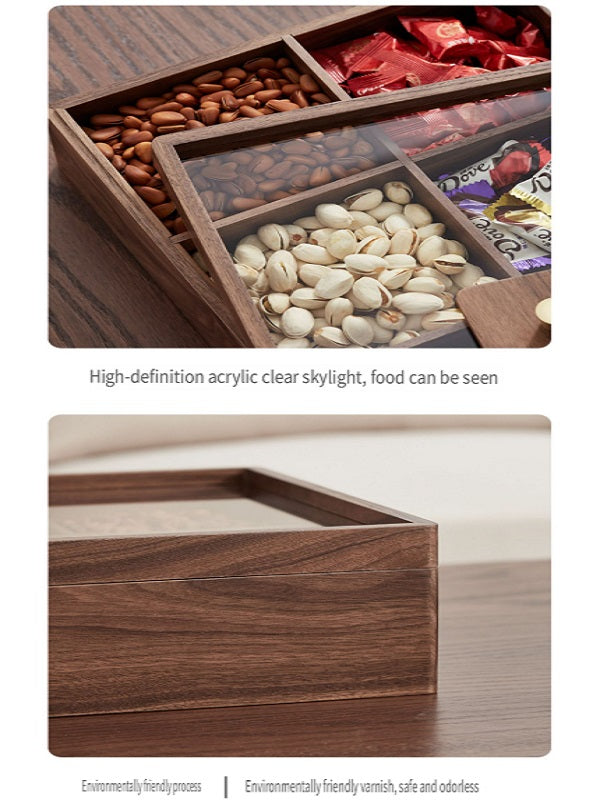 MYZD Black walnut six-compartment double-layer dried fruit box with transparent acrylic lid, sealed against moisture and dust
