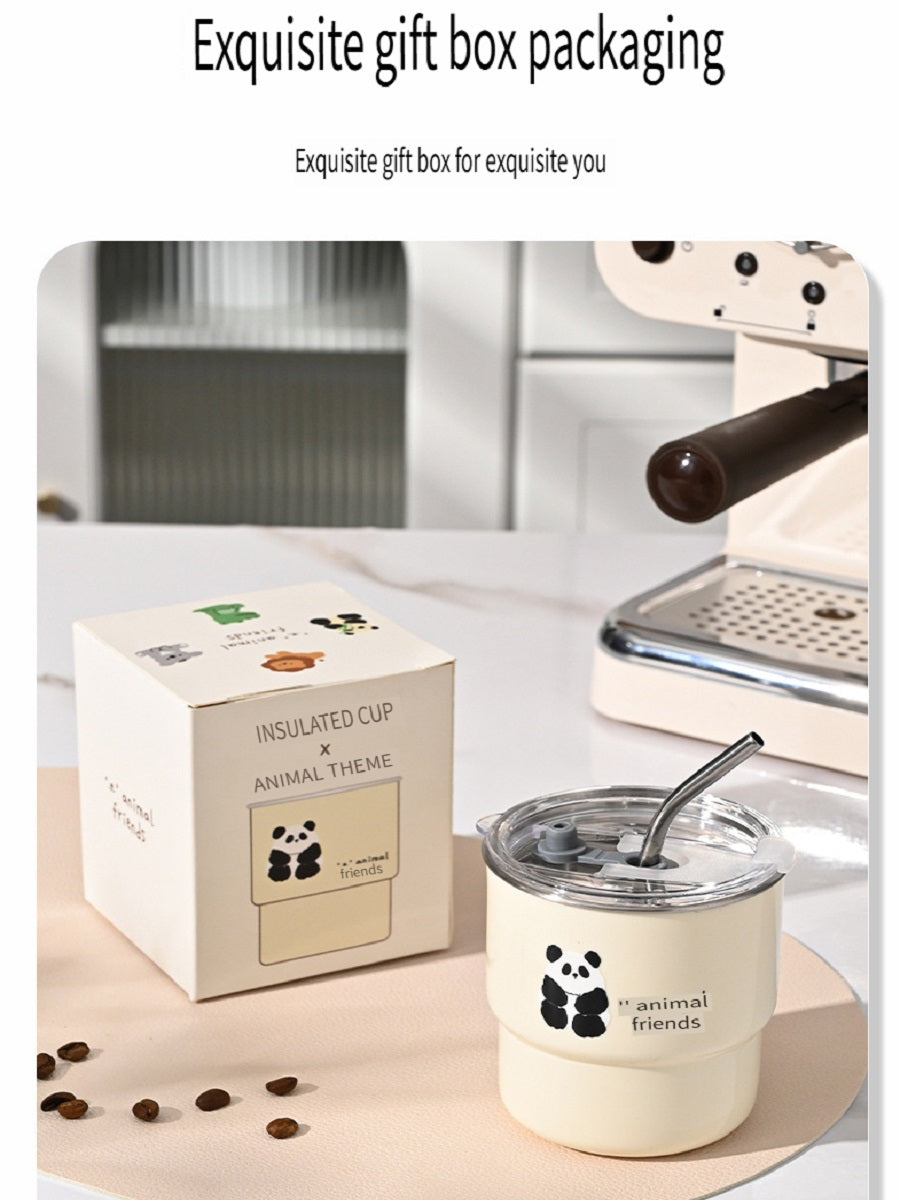 HGD 304 stainless steel coffee cup, cartoon pattern, with straw