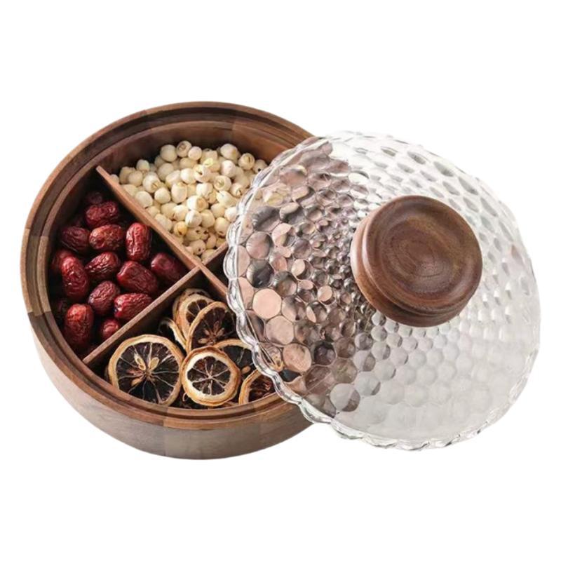 MYZD Black walnut dried fruit storage box, 4 compartments with crystal lid