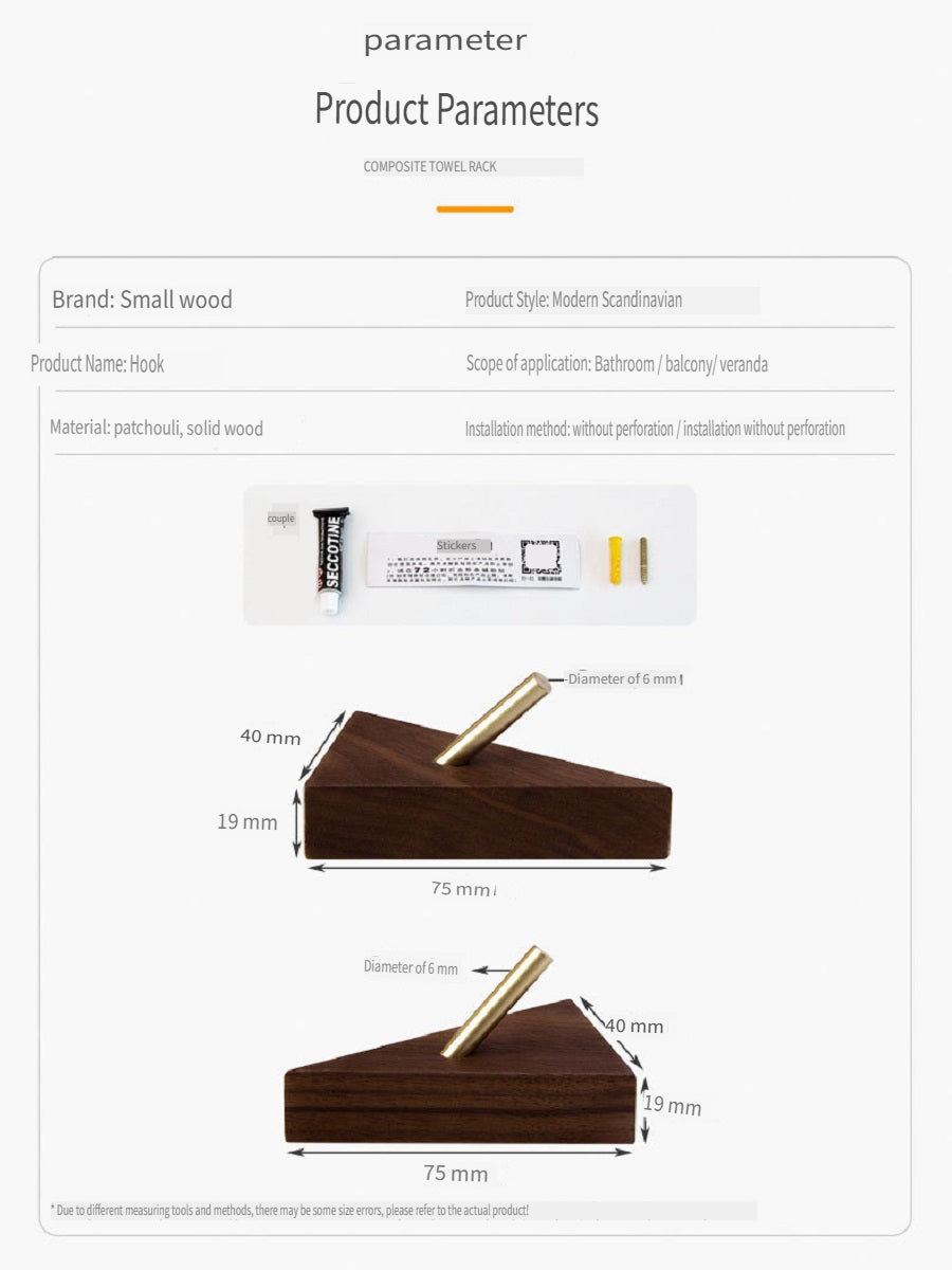 XMT Scandinavian-style solid wood hook, two installation methods, made of black walnut, beech brass, handmade