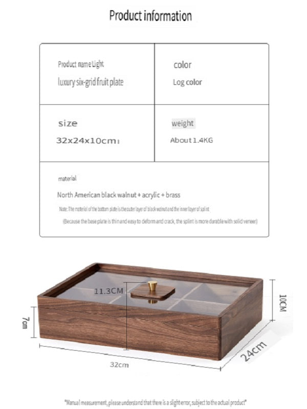 MYZD Black walnut six-compartment double-layer dried fruit box with transparent acrylic lid, sealed against moisture and dust