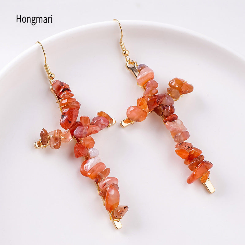 RYS Cross-shaped earrings with natural crystal gravel, handmade, simple women's ear hooks