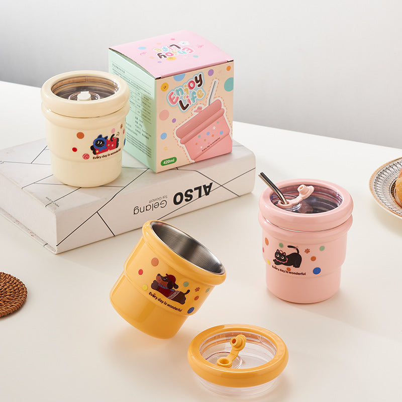 HGD 304 stainless steel coffee cup, cartoon pattern, with straw