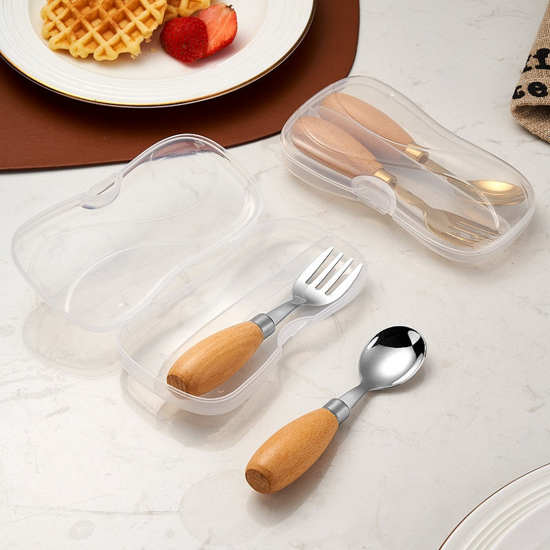 HOMGED 304 stainless steel beech handle children's spoon and fork set, original steel color and gold，can stand upright