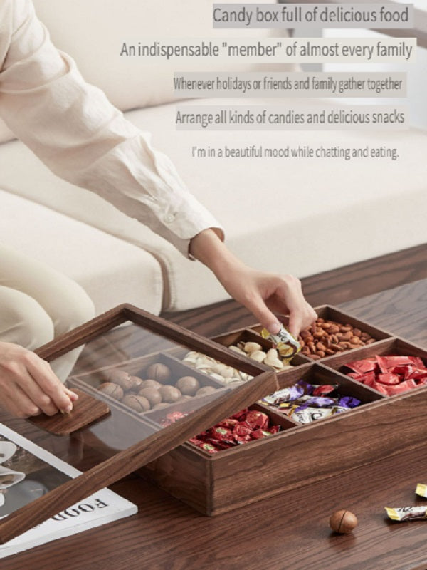 MYZD Black walnut six-compartment double-layer dried fruit box with transparent acrylic lid, sealed against moisture and dust