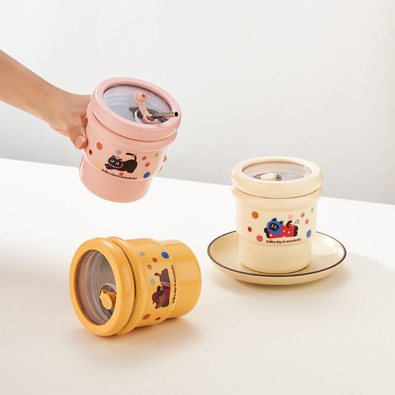 HGD 304 stainless steel coffee cup, cartoon pattern, with straw