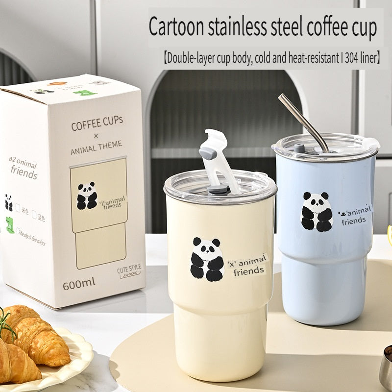 HGD 304 stainless steel coffee cup, cartoon pattern, with straw
