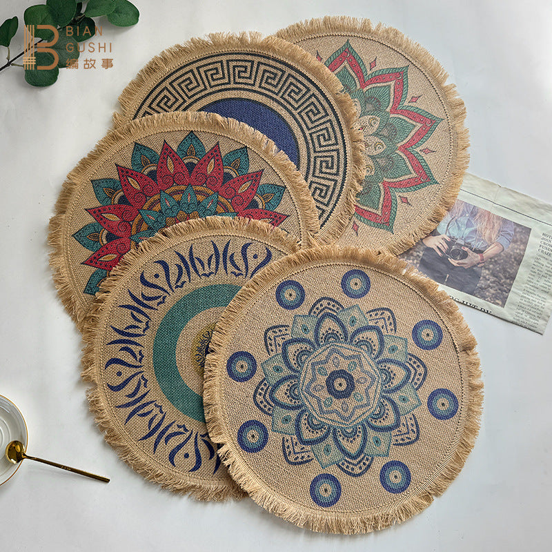 BGS Bohemian Jute Tassel Placemats, Color Printed Potholders, 40cm (15.8 inches) Diameter, 2-Pack, 4-Pack
