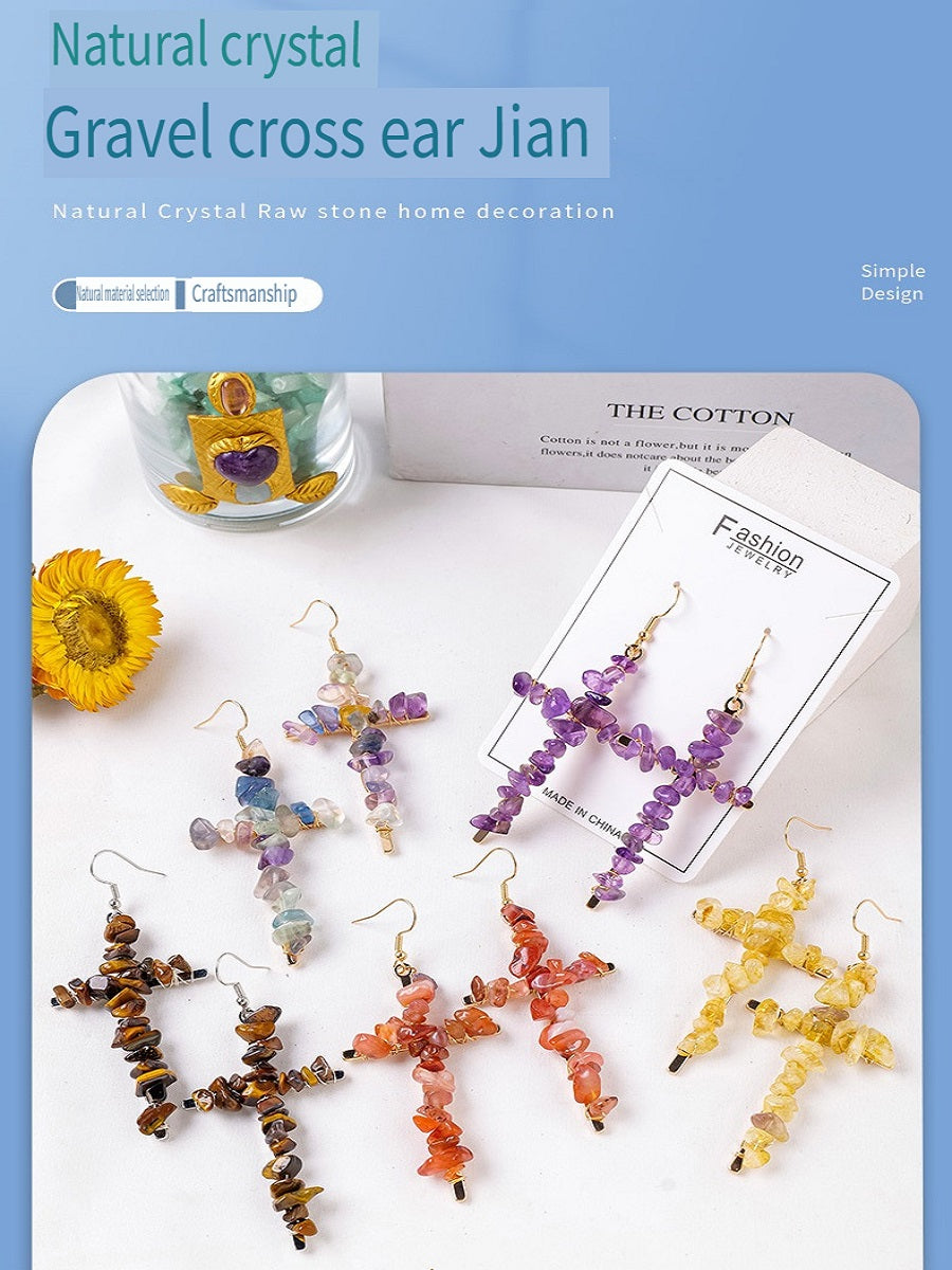 RYS Cross-shaped earrings with natural crystal gravel, handmade, simple women's ear hooks