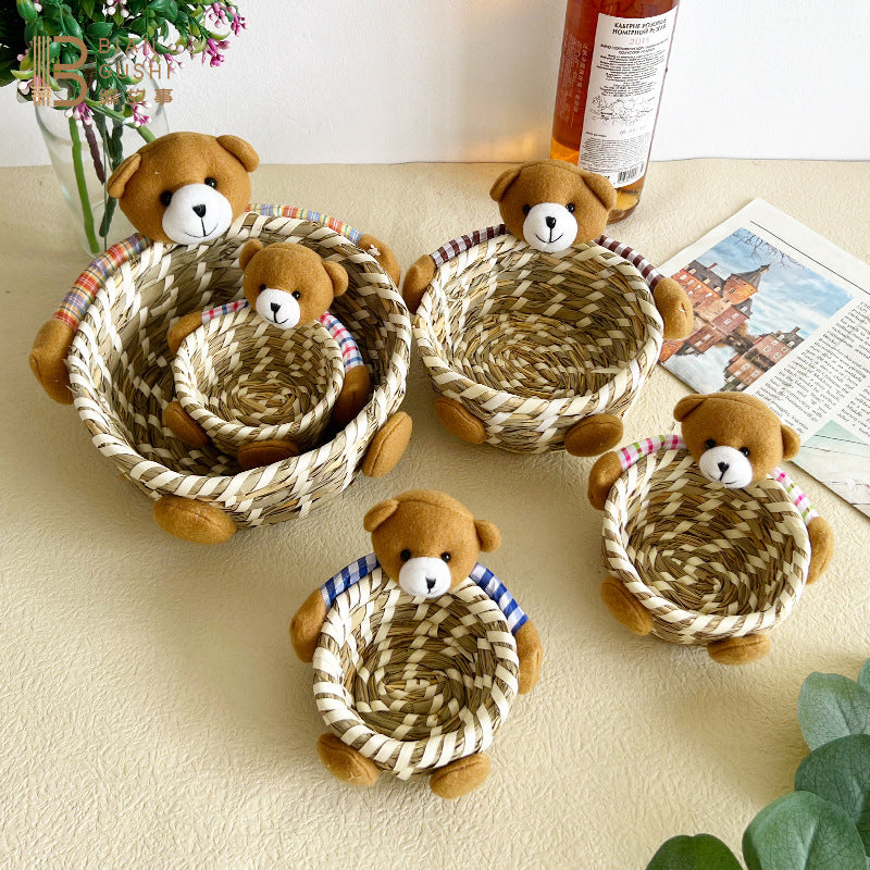 BGS Pastoral style thatched hand-woven bear storage basket，2 packs