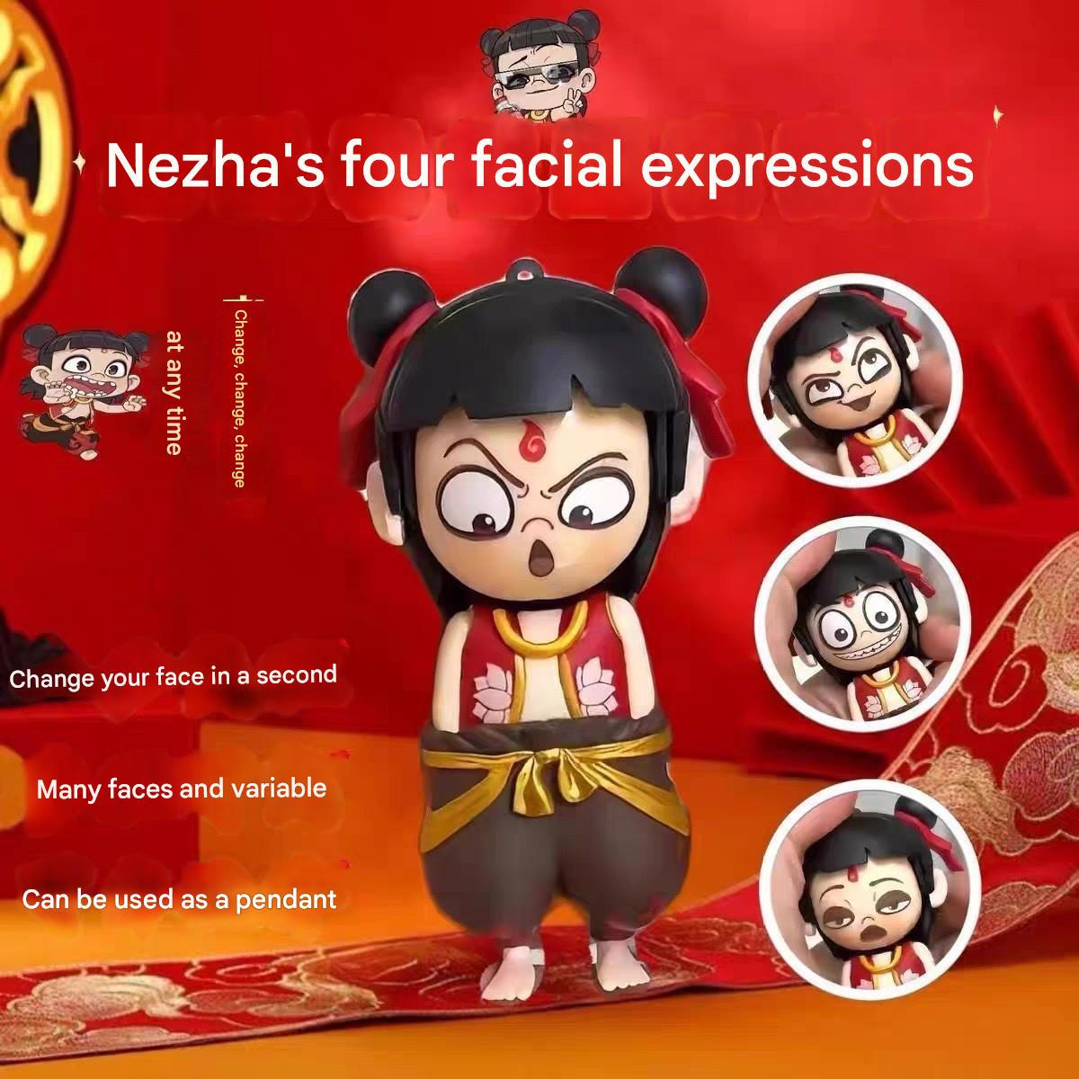 KKT Nezha Face Changer Doll Keychain Press Button Face Change Creative Toy
