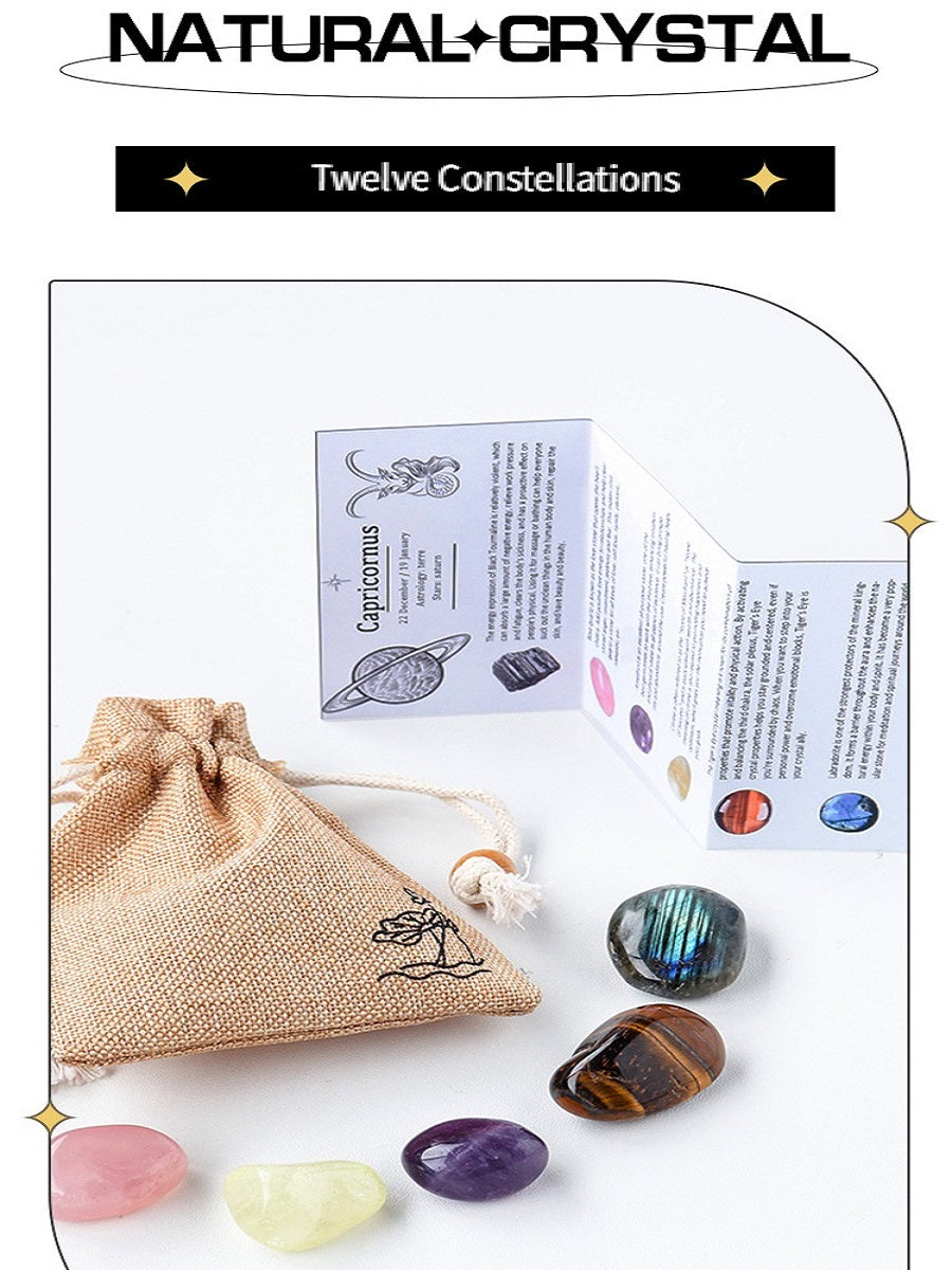 RYS Natural crystal cloth bag with rough stone, set of twelve constellations, handmade ore sample, gift for children