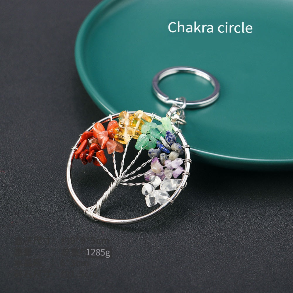 RYS Natural crystal Tree of Life keychain, crystal rough stone gravel key chain