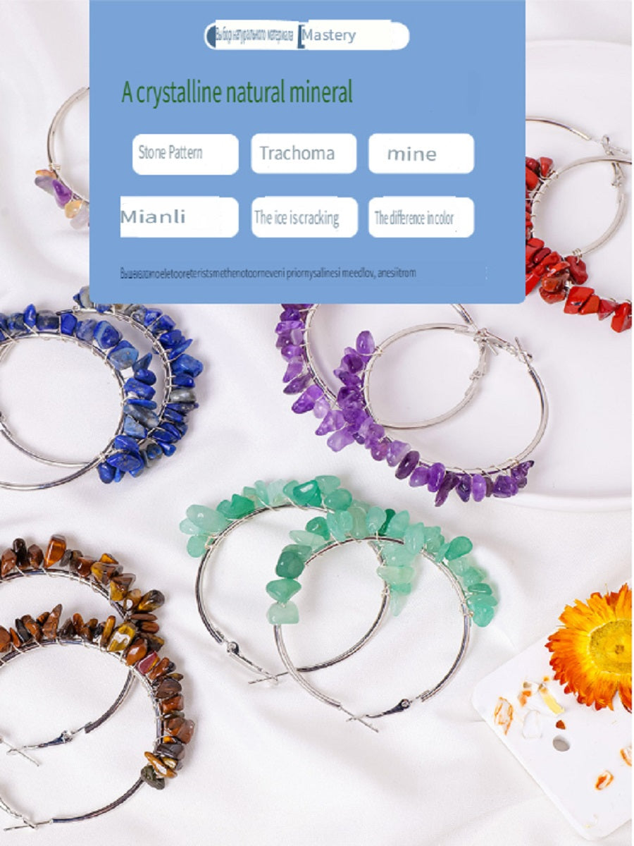 RYS Natural crystal gravel earrings, hand-wound, fashionable and versatile round earrings