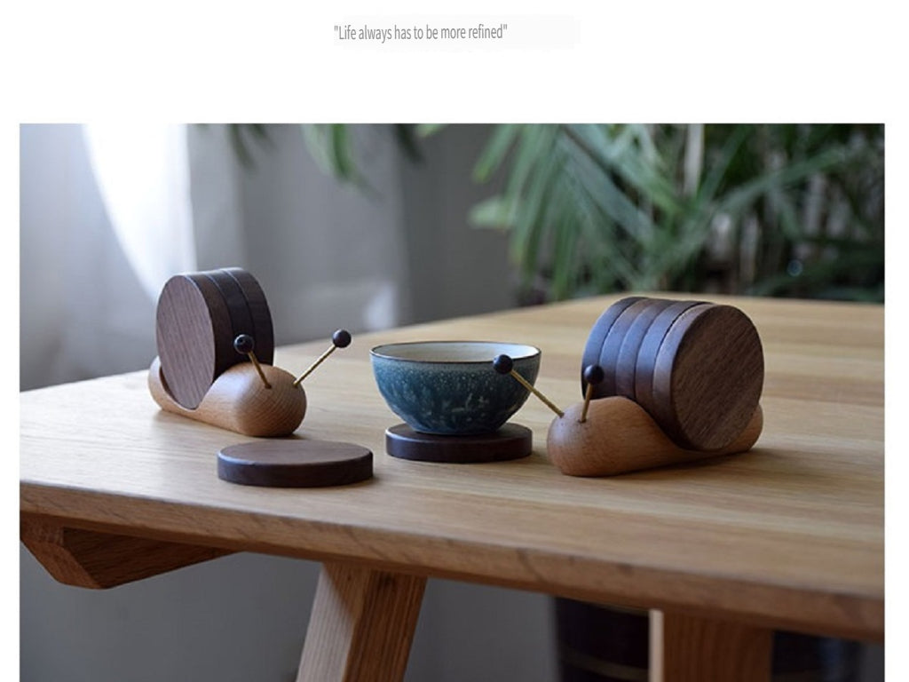 MYZD Black walnut/beech wood cartoon snail creative tea coasters, 5 pieces