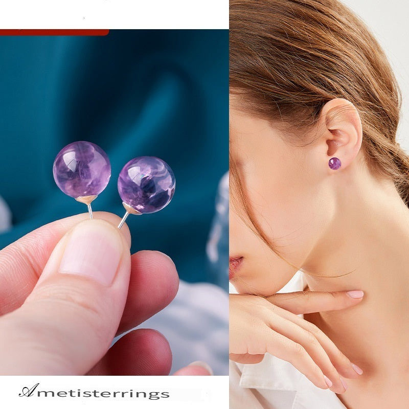 RYS S925 sterling silver natural Brazilian amethyst round bead earrings, fashionable and simple