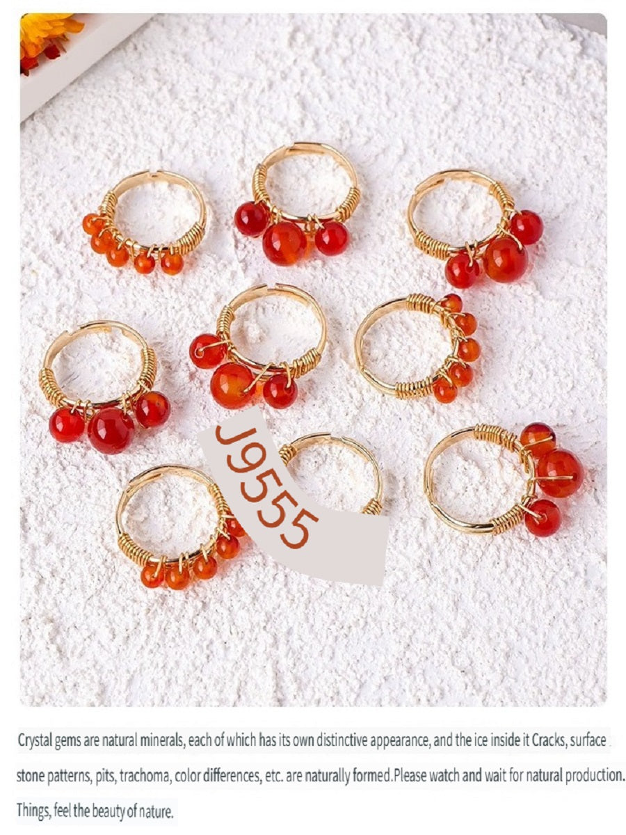 RYS Natural red agate round bead ring, hand-wound