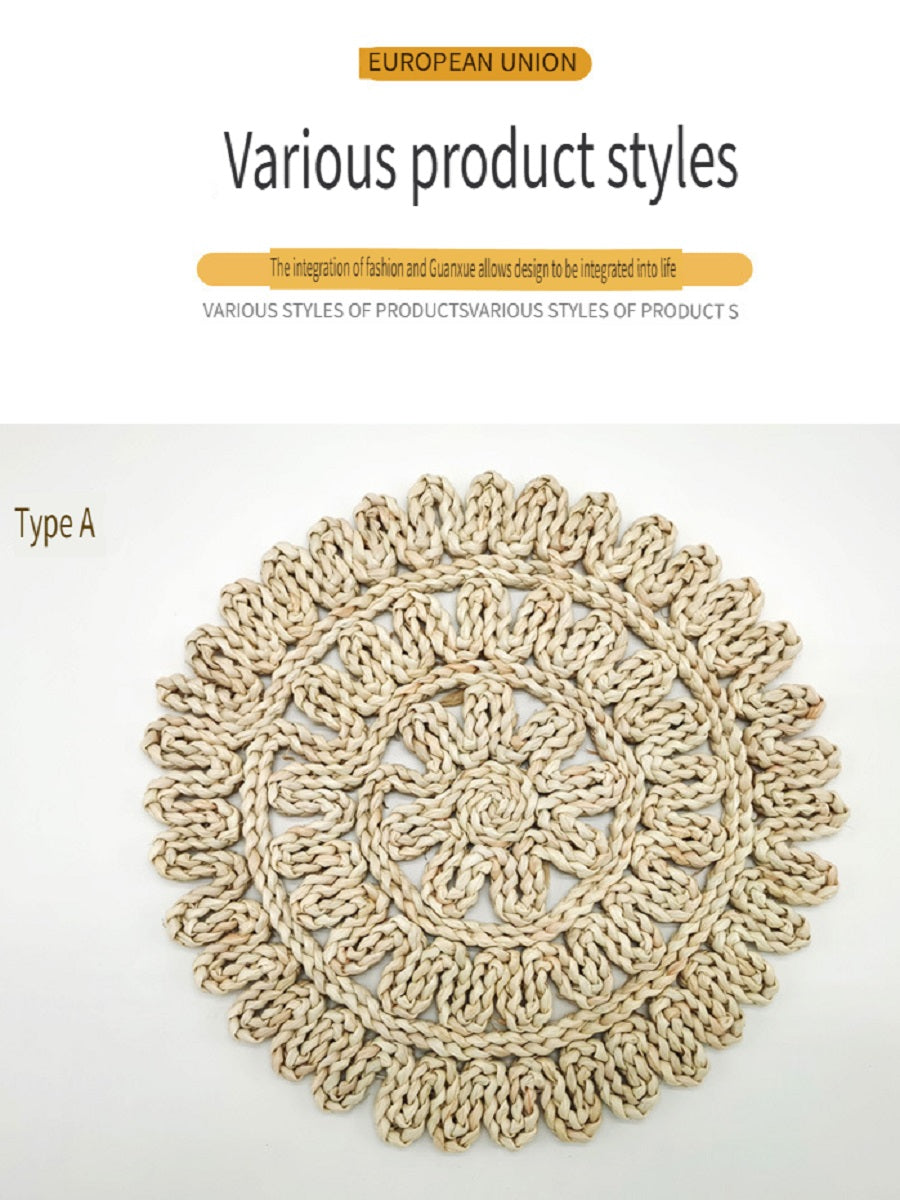 BGS corn fur woven placemat, creative flower-shaped woven heat insulation pad, diameter 9.8/11.8/13/15 inches, 9 styles