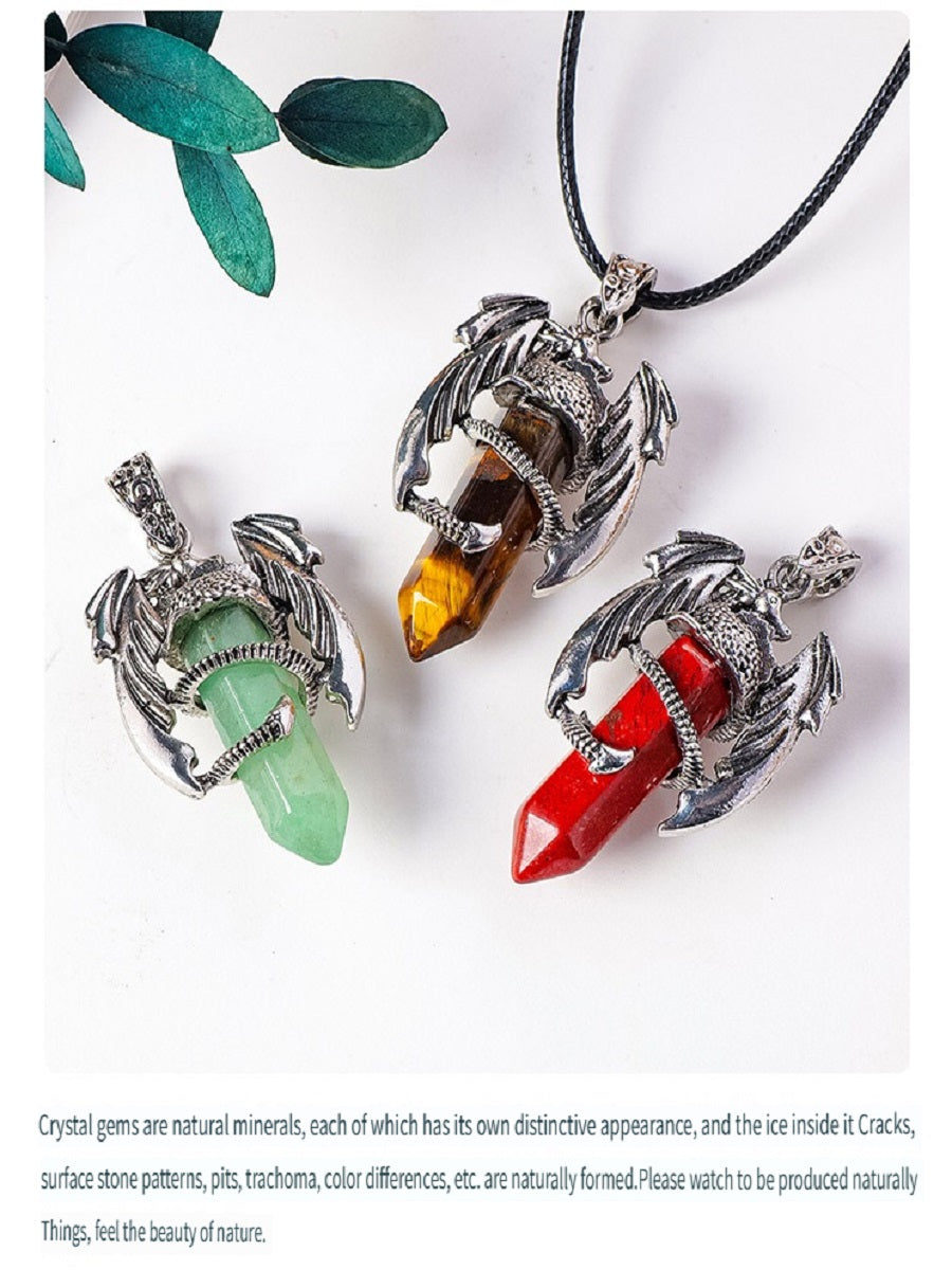 RYS Necklace with a pendant in the form of a flying dragon on one end column made of natural crystal, necklace with a hexagonal crystal column