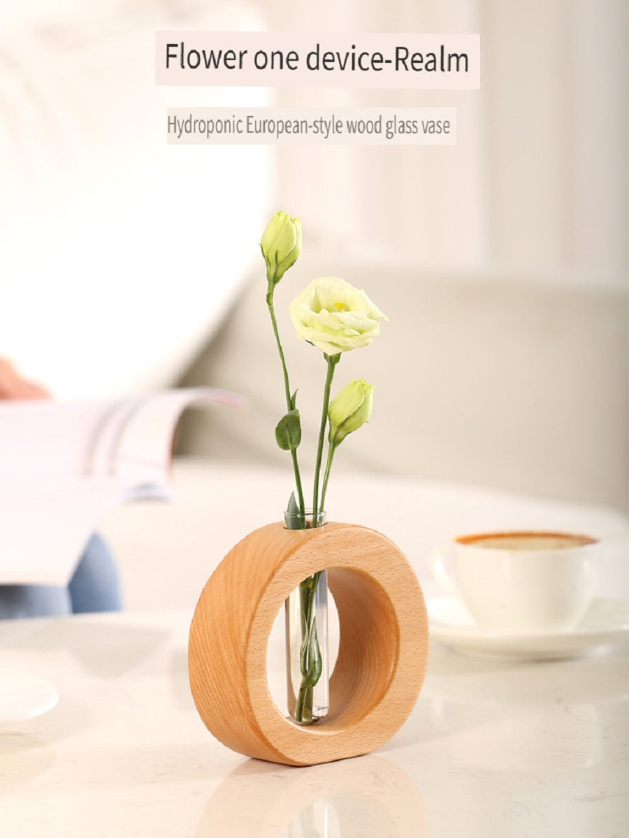 XMT Wooden vase creative home desktop decoration, with transparent glass test tube, hydroponic plant flower arrangement, simple pastoral style