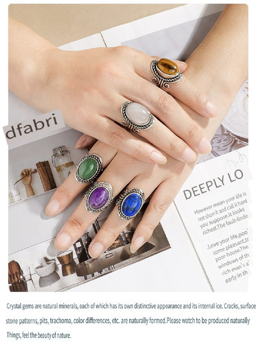 APENG European and American retro style natural crystal gemstone rough stone ring, polished surface, adjustable size