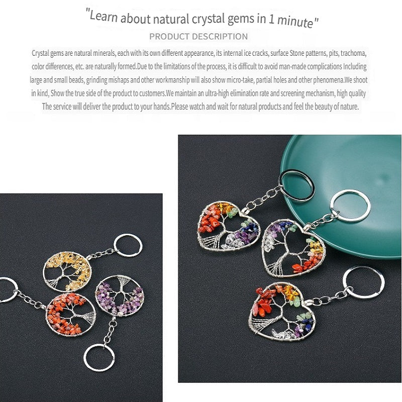 RYS Natural crystal Tree of Life keychain, crystal rough stone gravel key chain