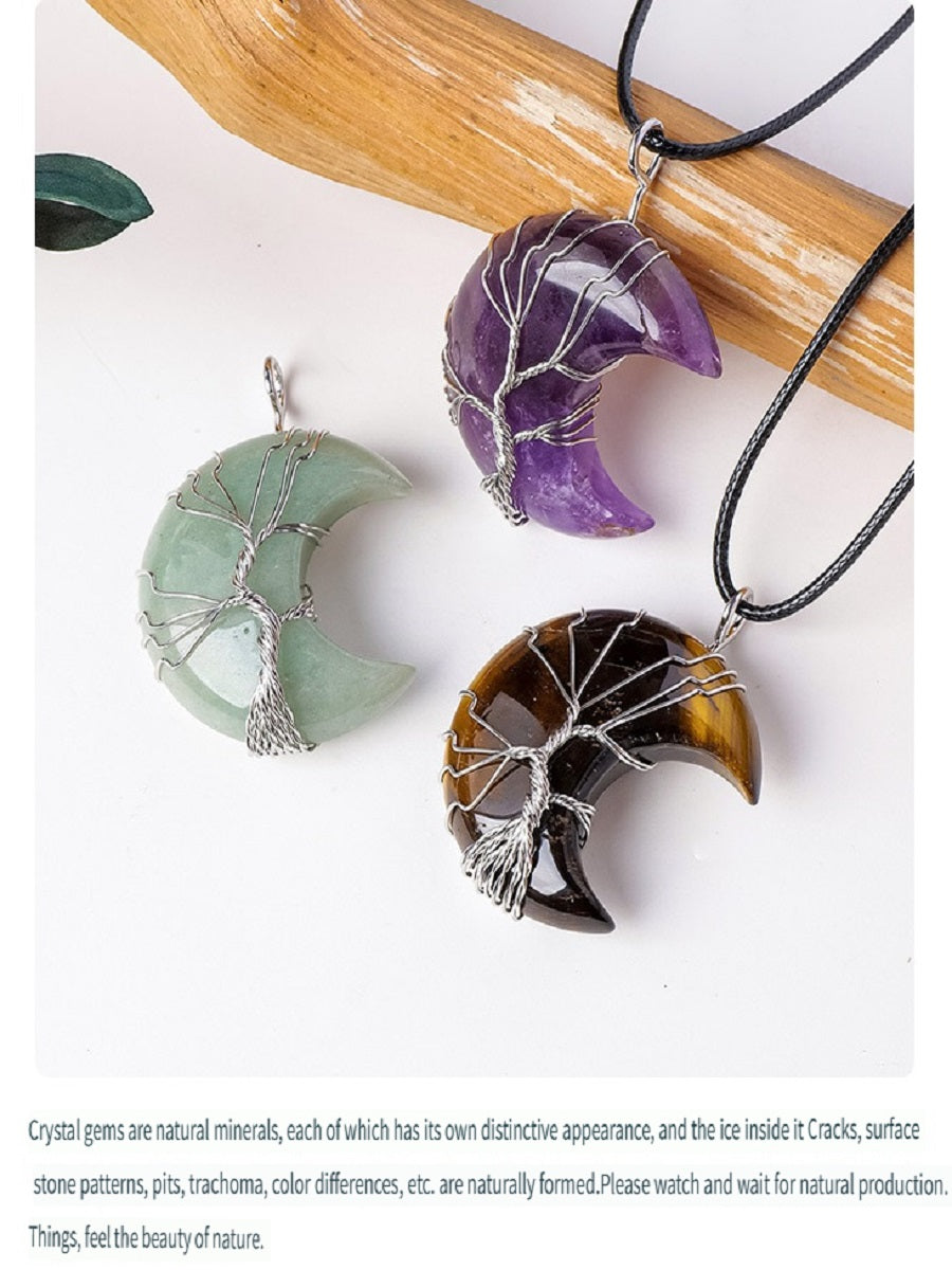 RYS Natural crystal rough stone moon pendant necklace