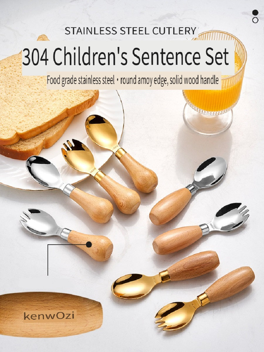 HOMGED 304 stainless steel beech handle children's spoon and fork set, original steel color and gold，can stand upright