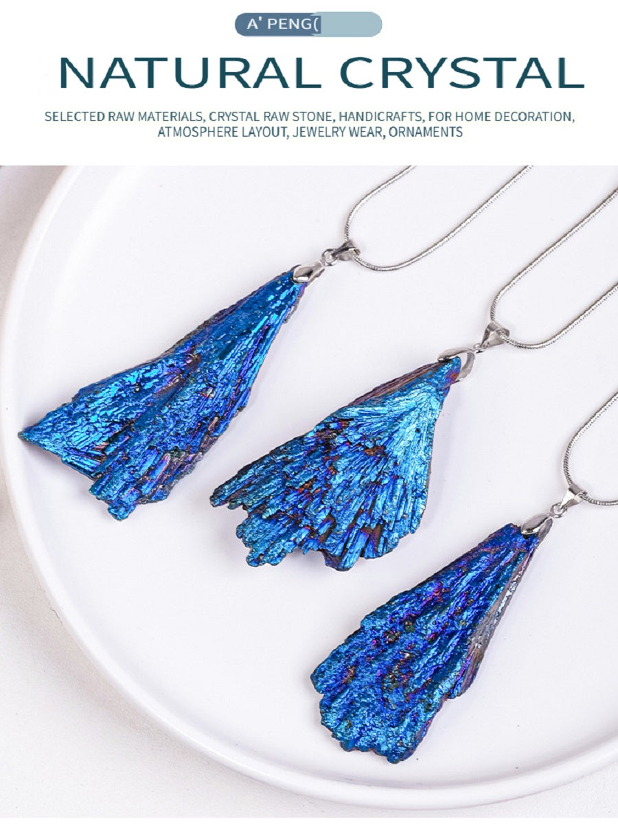 RYS Natural electroplated black tourmaline pendant necklace, tourmaline rough ore standard blue peacock feather jewelry