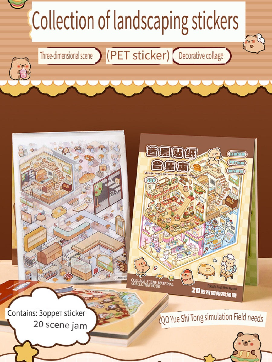 ERANC Collection of 3D three-dimensional hut miniature scene landscaping stickers, children's diy hand account educational toy stickers, 20 scenes