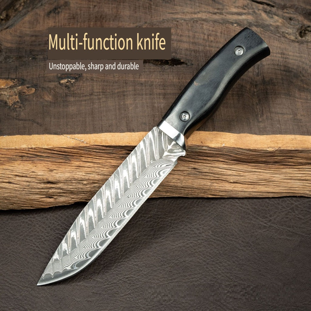 HFD Damascus steel fruit knife, hand-forged, fishbone pattern, outdoor high hardness portable knife, with leather case