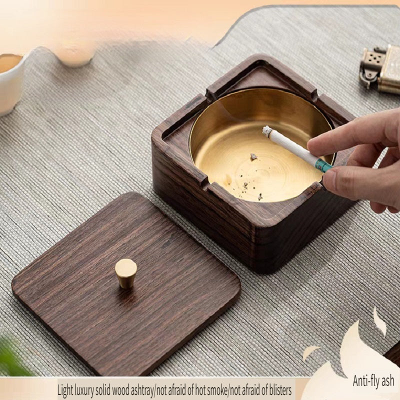 YZBZ Walnut ashtray with lid to prevent fly ash, stainless steel gold-plated liner, suitable for home and office