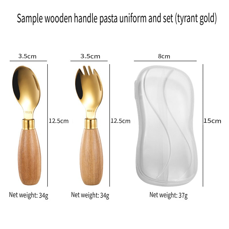 HOMGED 304 stainless steel beech handle children's spoon and fork set, original steel color and gold，can stand upright