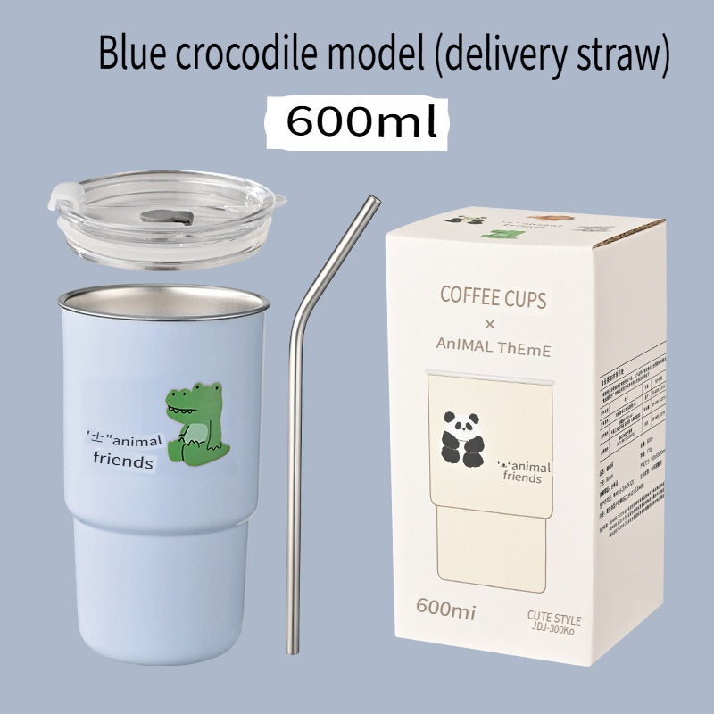 HGD 304 stainless steel coffee cup, cartoon pattern, with straw