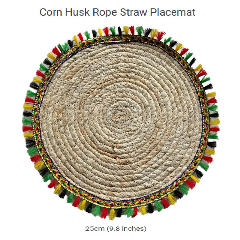BGS Country Style Handwoven Corn Husk Insulated Placemats with Colorful Tassels, 25-35cm (9.8-13.8in) Diameter, 2-Pack