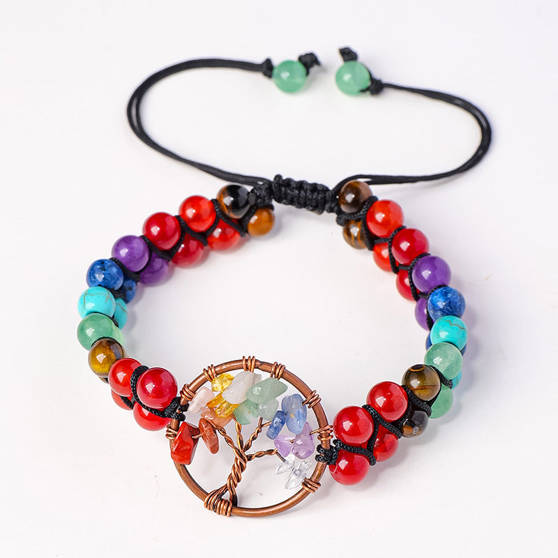 RYS Natural crystal gravel Tree of Life round bead bracelet, double-layer braided crystal bracelet