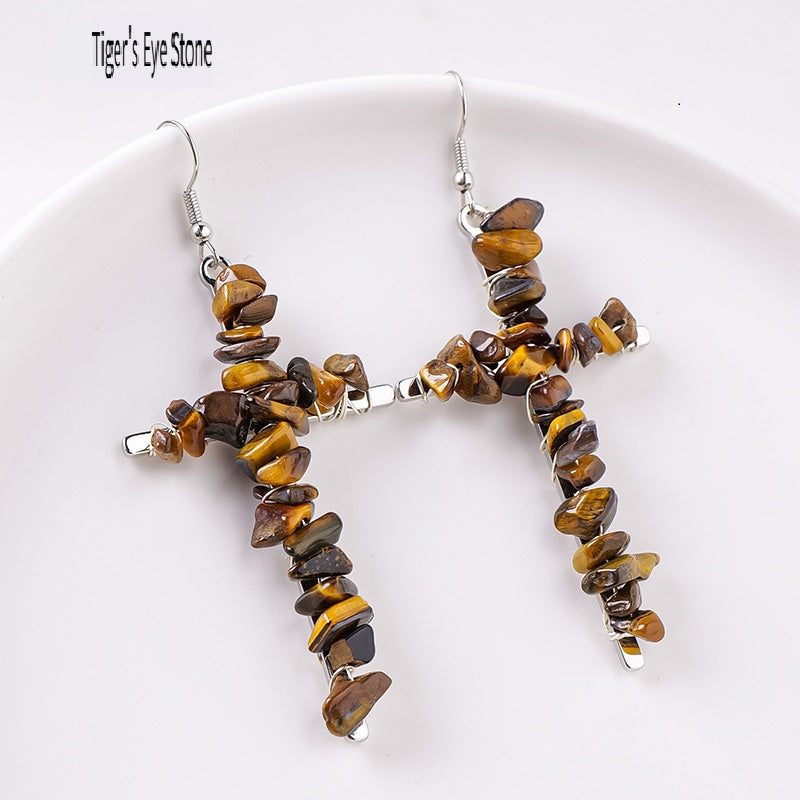 RYS Cross-shaped earrings with natural crystal gravel, handmade, simple women's ear hooks